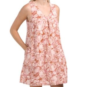 Tahari Women's Dress Pink Palm Leaf 100% Linen Shift Sleeveless Size L NWT